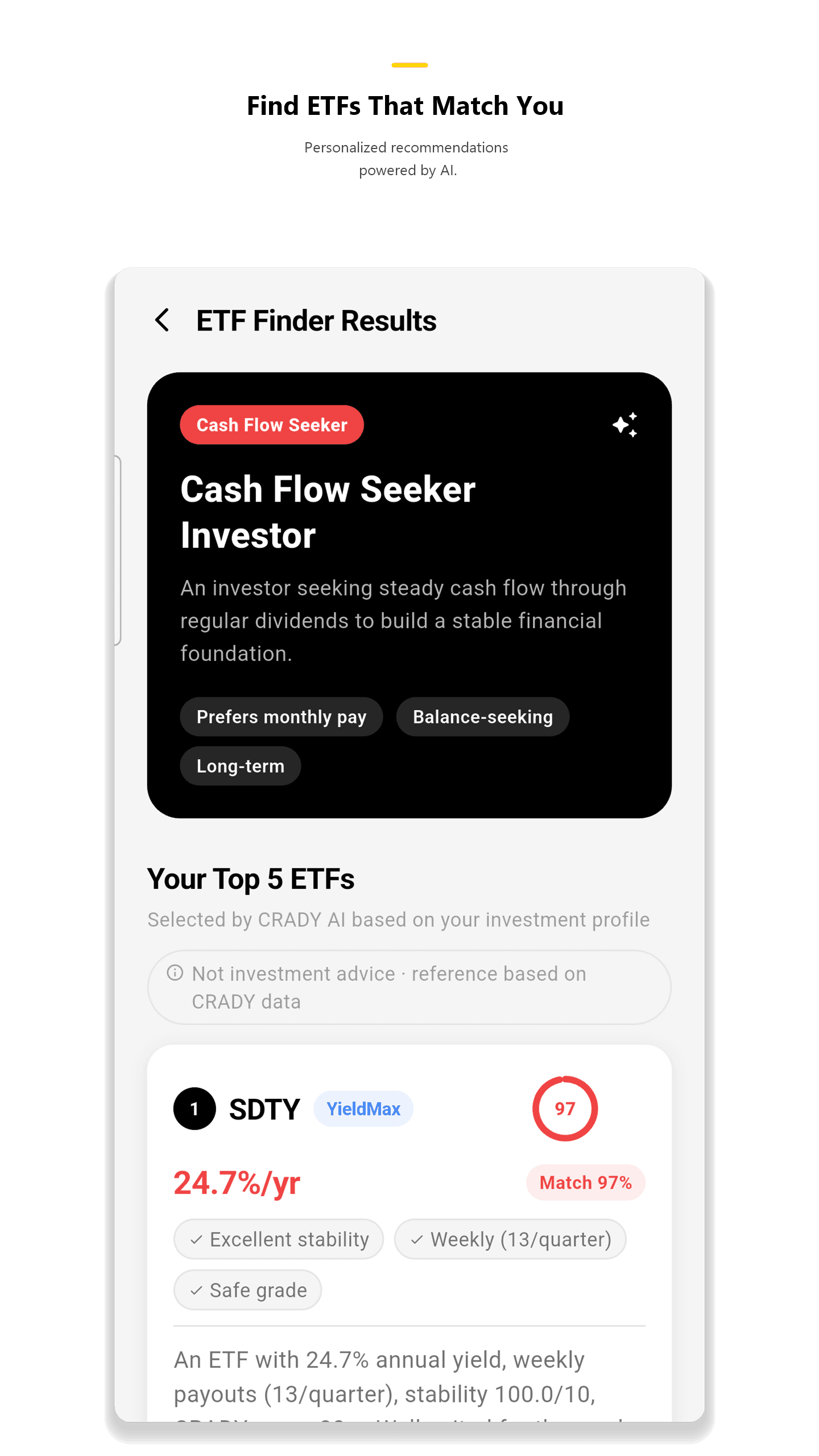 CRADY 앱 AI ETF Finder 화면